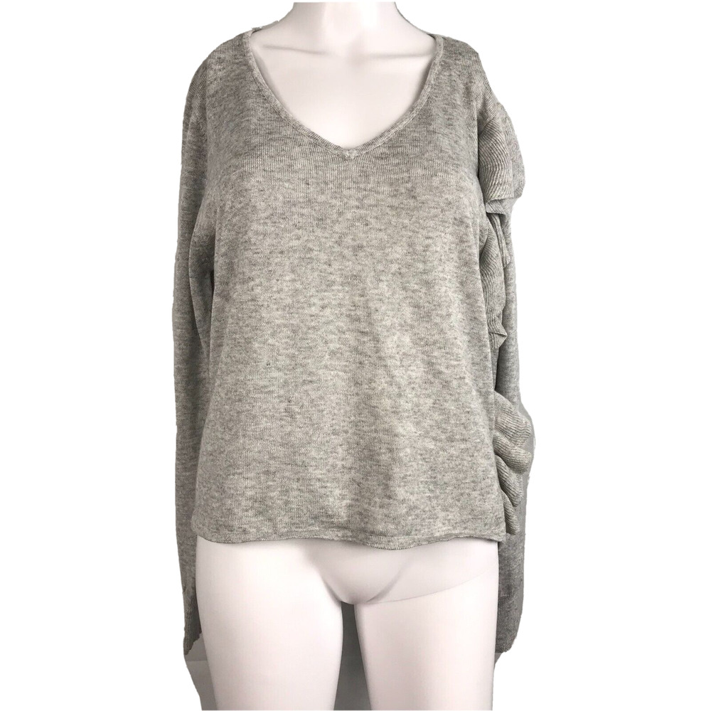 John & Jenn Sweater Womens Sz S Gray Wool Side Ruffle V Neck